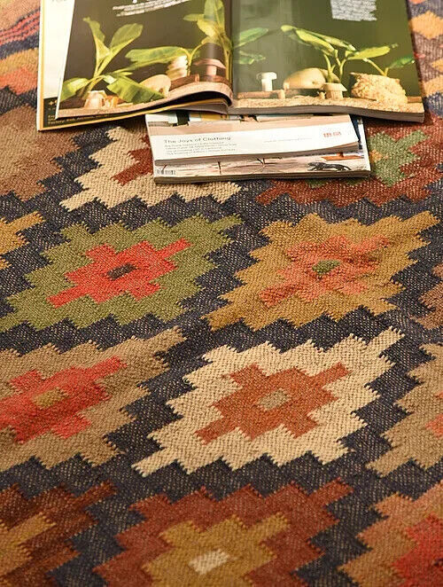 Wool Jute Rug Kilim Traditional Rustic Look Dhurrie Living Room Bedroom Carpet (KLM-48)