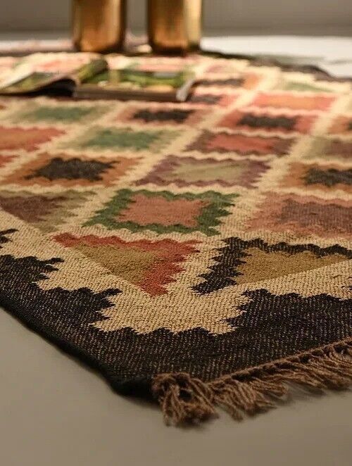 Wool Jute Rug Kilim Traditional Rustic Look Dhurrie Living Room Bedroom Carpet (KLM-48)