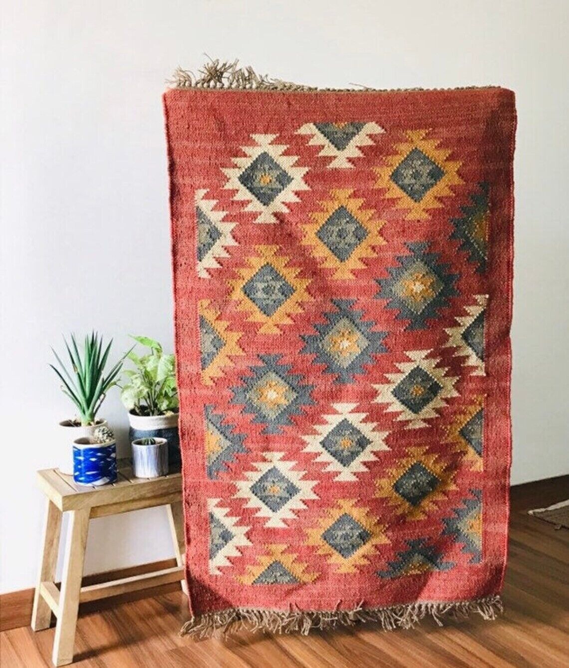 Wool Jute Rug Kilim Traditional Rustic Look Dhurrie Living Room Bedroom Carpet (KLM-19)