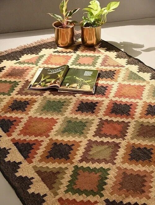 Wool Jute Rug Kilim Traditional Rustic Look Dhurrie Living Room Bedroom Carpet (KLM-48)