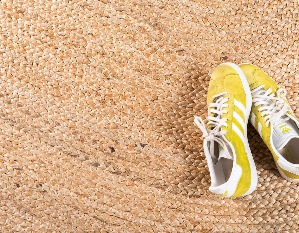 Tapis en jute Ripaz Vogue Tapis en jute naturel tressé à la main de forme ovale Tapis de couloir Tapis de salon, Couleur - Beige + Ligne blanche